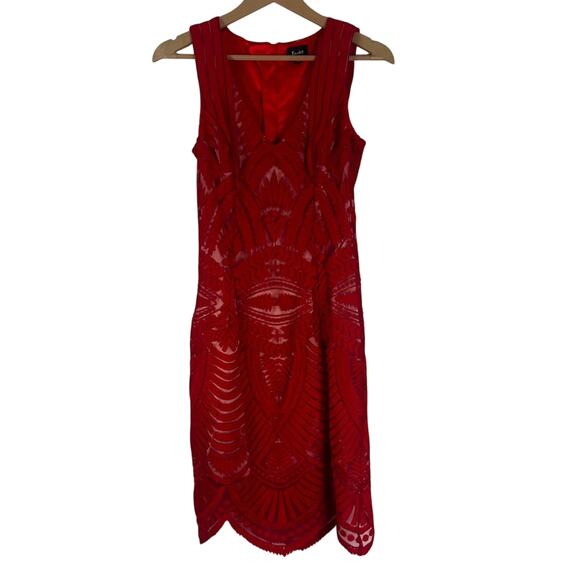 Bardot Sheath Mini Dress Womens 4 Red Lace Scalloped Cocktail Vampy Holiday Glam - Picture 2 of 7
